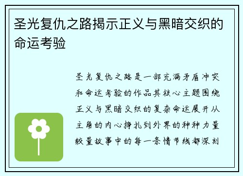圣光复仇之路揭示正义与黑暗交织的命运考验 圣光复仇之路揭示正义与黑暗交织的命运考验